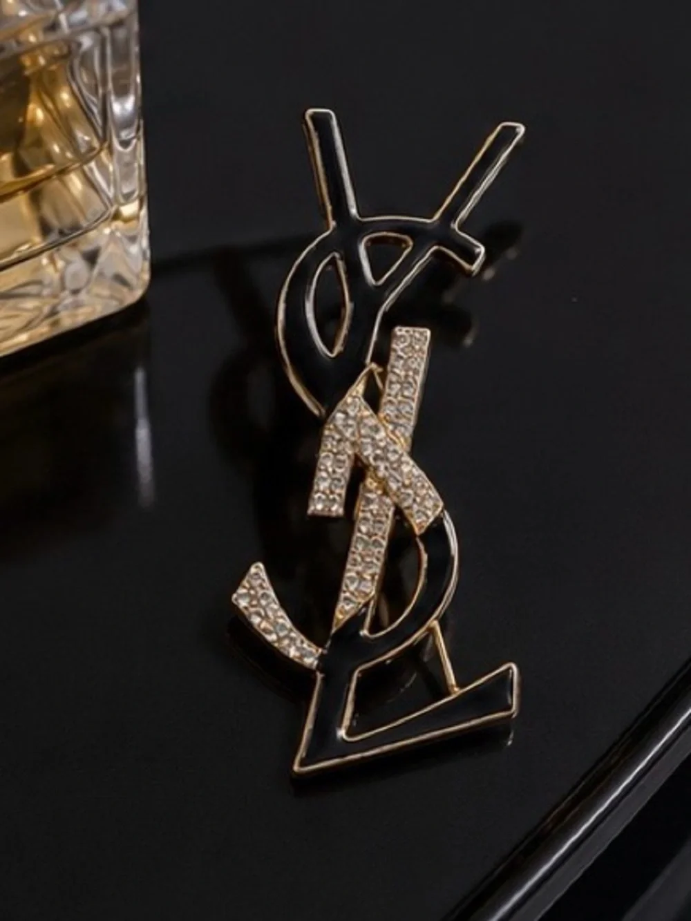 Black & Gold-Tone Rhinestone Monogram-Style Brooch – Statement Pin